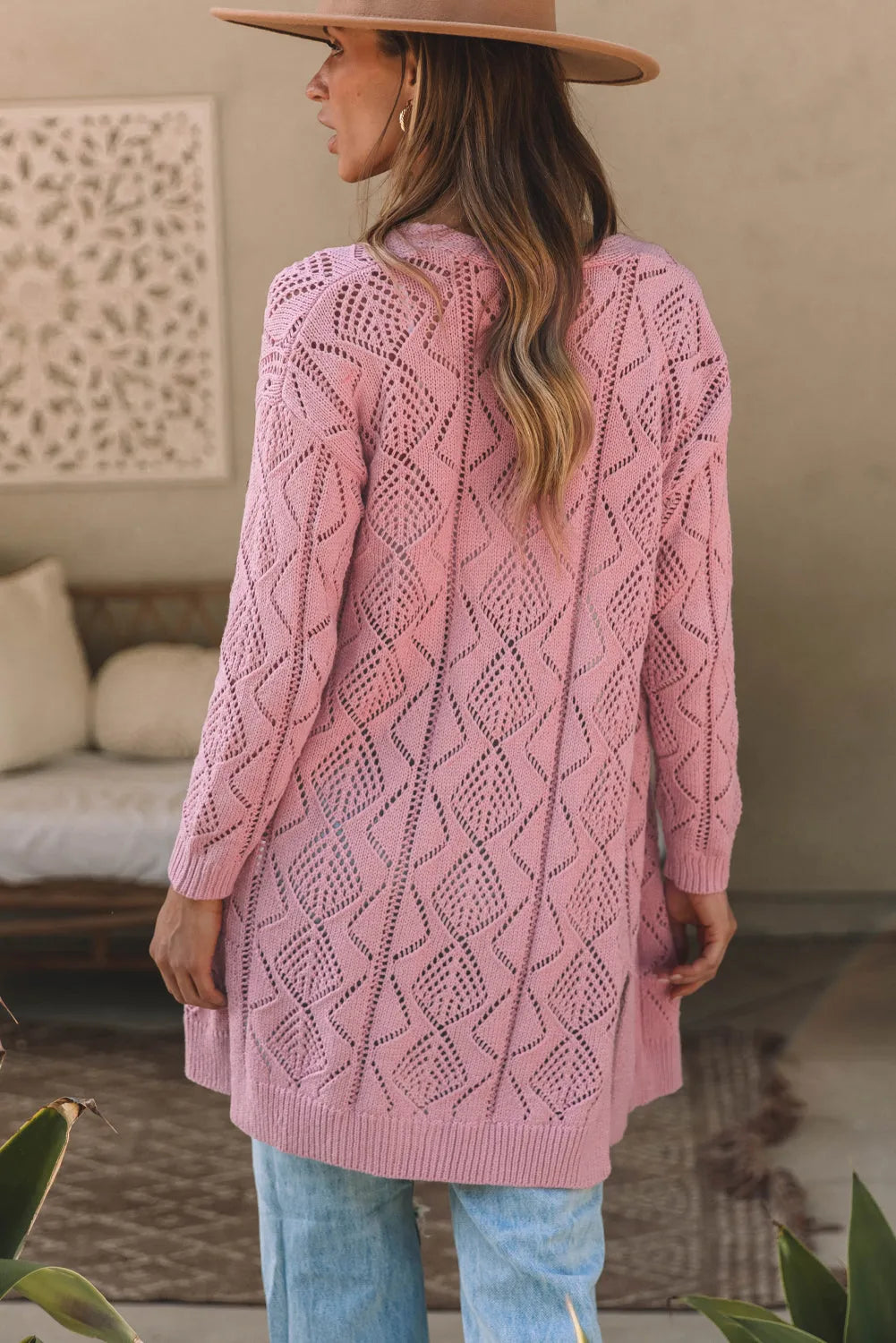 Pink Hollow-out Openwork Knit Cardigan - Chic Meadow Boutique 