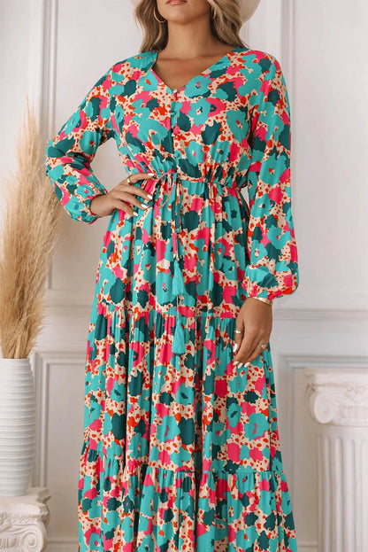 Multicolor Bohemia Print V Neck Ruffle Long Sleeve Maxi Dress - Chic Meadow Boutique 