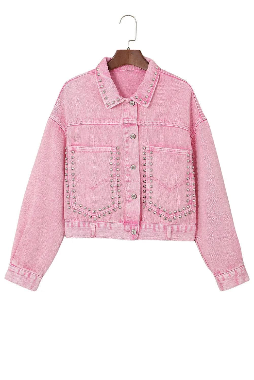 Outerwear/Denim jackets Pink Rivet Studded Pocketed Denim Jacket