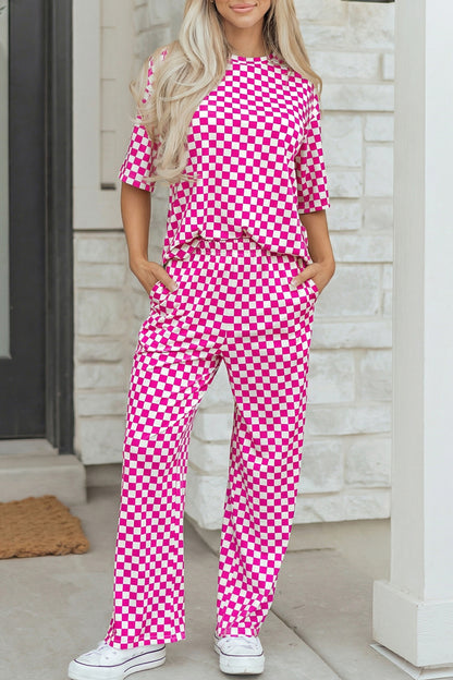 Rose Checkered Print Half Sleeve Tee 2pcs Lounge Pant Set