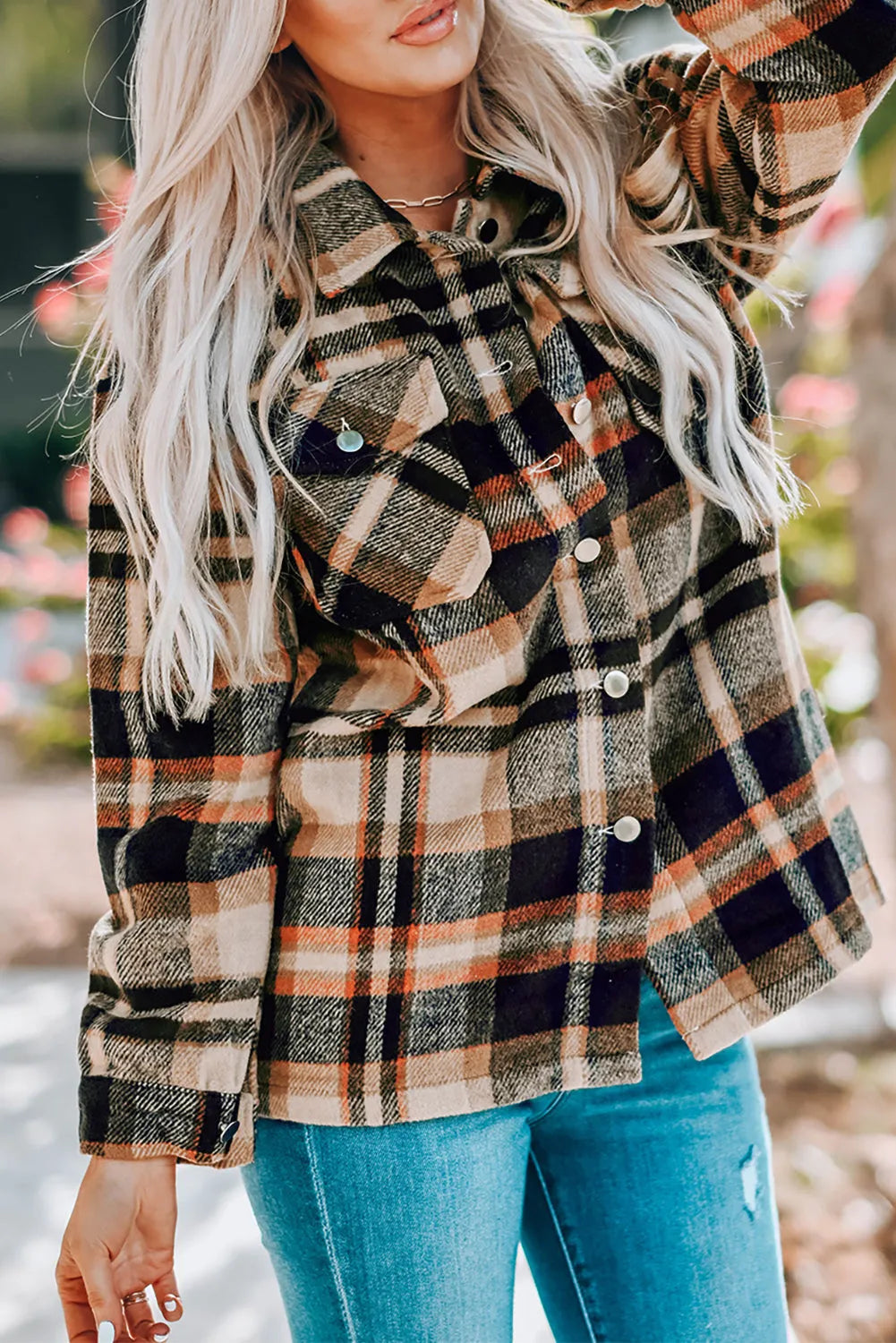 Orange Geometric Plaid Print Pocketed Shacket - Chic Meadow Boutique 