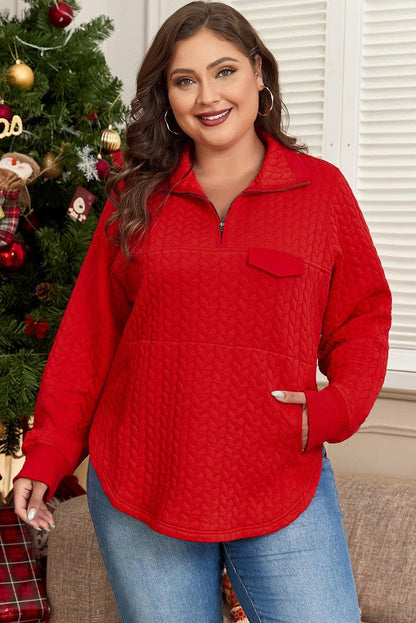 Plus Size/Plus Size Sweatshirts & Hoodies Tomato Red Cable Textured Quarter Zip Pocketed Plus Size Pullover