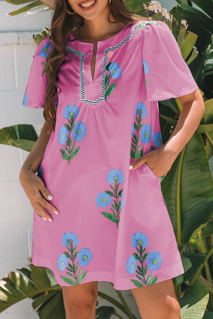 Rose Floral Short Sleeve Split Neck Loose Mini Dress