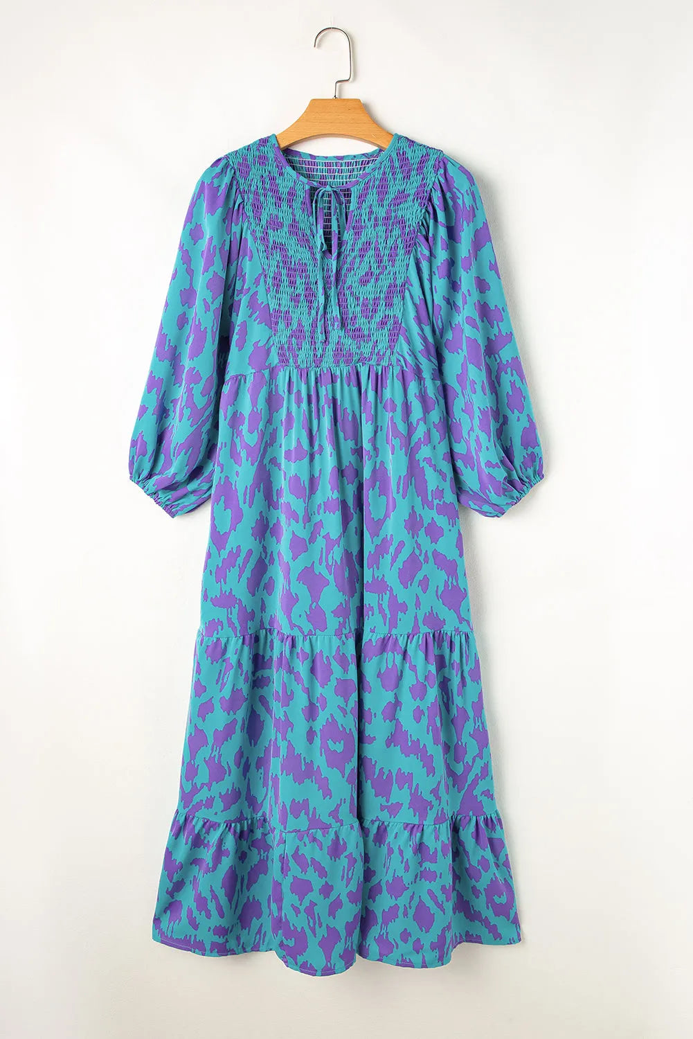 Sky Blue Abstract Print Puff Sleeve Tied Notched Neck Long Dress - Chic Meadow Boutique 