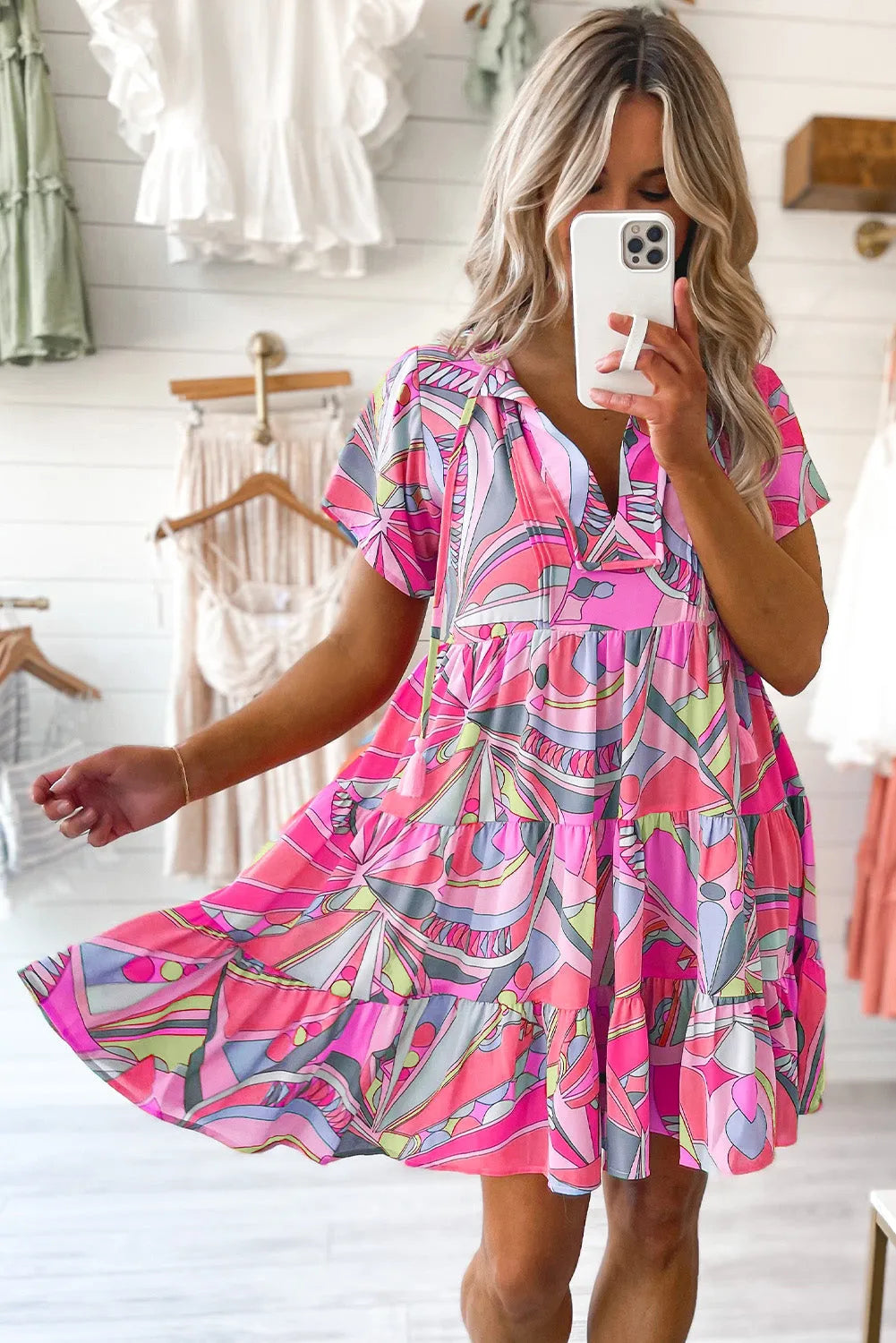 Pink Abstract Geometric Print Tassel Tie Flared Dress - Chic Meadow Boutique 