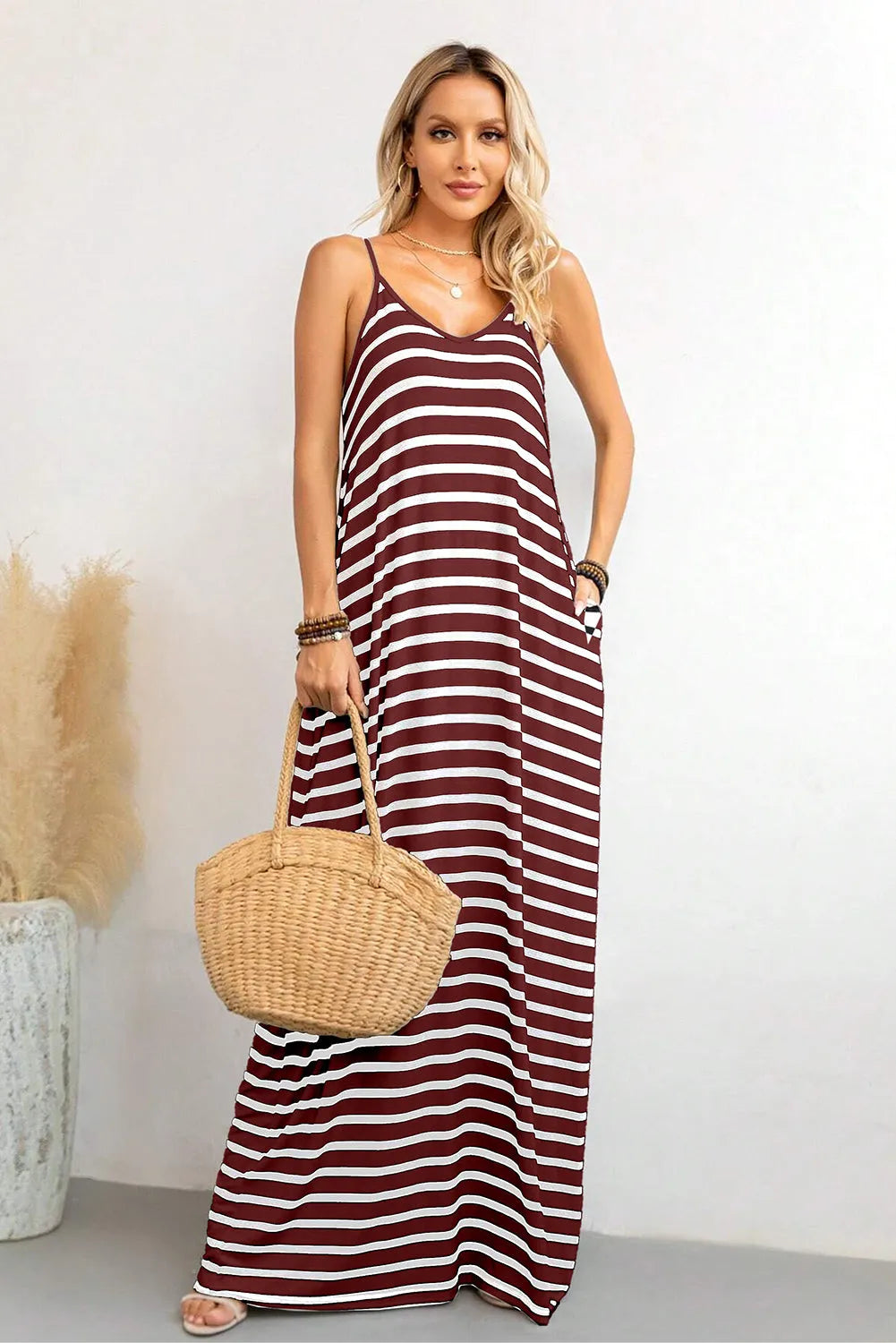 Red Stripe Side Pockets Spaghetti Straps Maxi Dress - Chic Meadow Boutique 