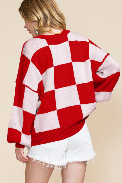 Fiery Red Checkered Bishop Sleeve Sweater