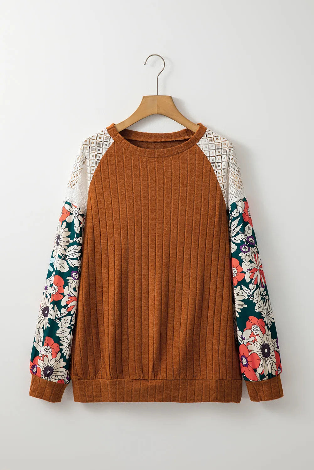 Cinnamon Floral Patchwork Long Sleeve Ribbed Blouse - Chic Meadow Boutique 