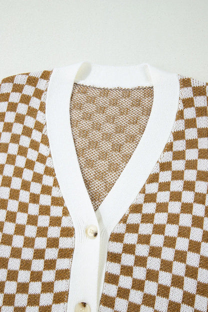 Brown Checkered Striped Patched Buttoned V Neck Cardigan - Chic Meadow Boutique 