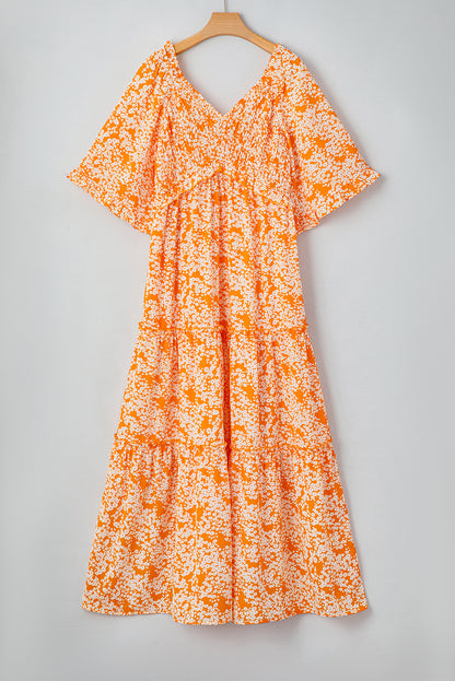 Orange Floral Print Smocked V Neck Wide Sleeve Maxi Dress