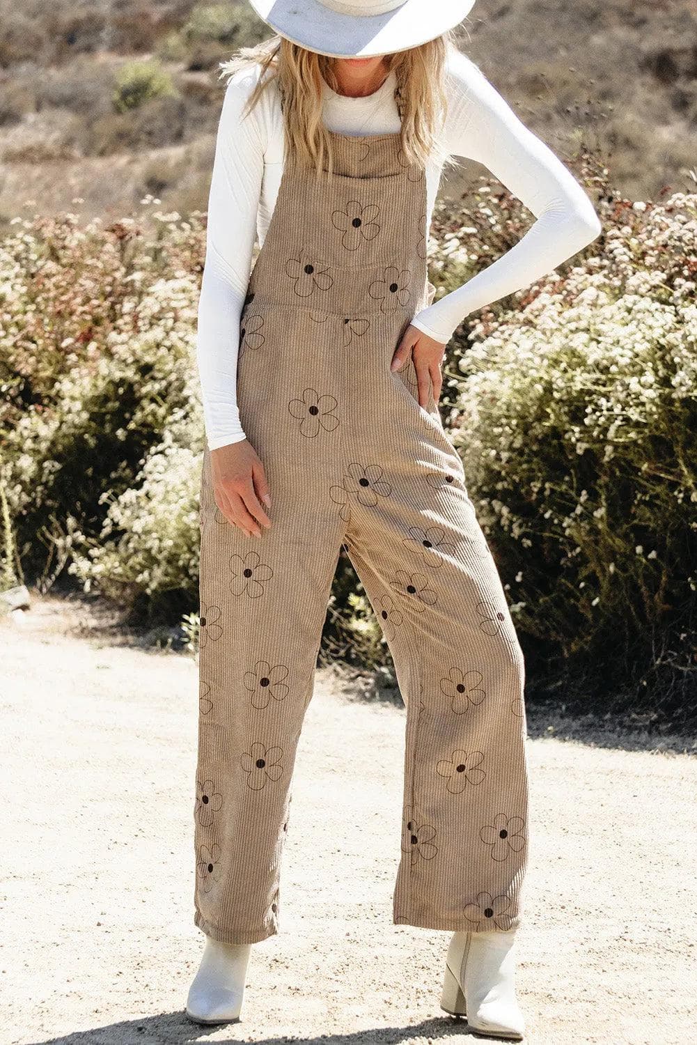 Bottoms/Jumpsuits & Rompers Khaki Flower Print Corduroy Overalls