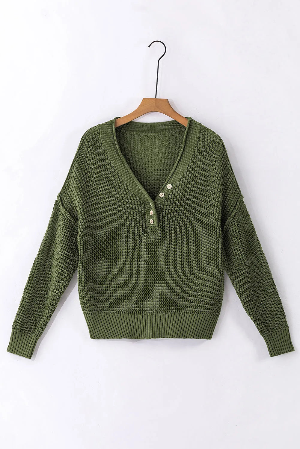 Pickle Green Pointelle Knit Button V Neck Drop Shoulder Sweater - Chic Meadow Boutique 