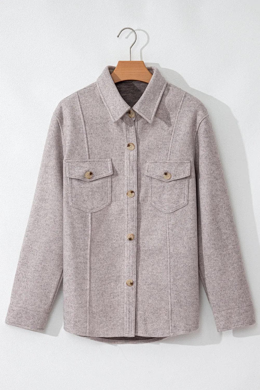 Outerwear/Jackets Light Grey Turn Down Collar Flap Pockets Buttoned Shacket