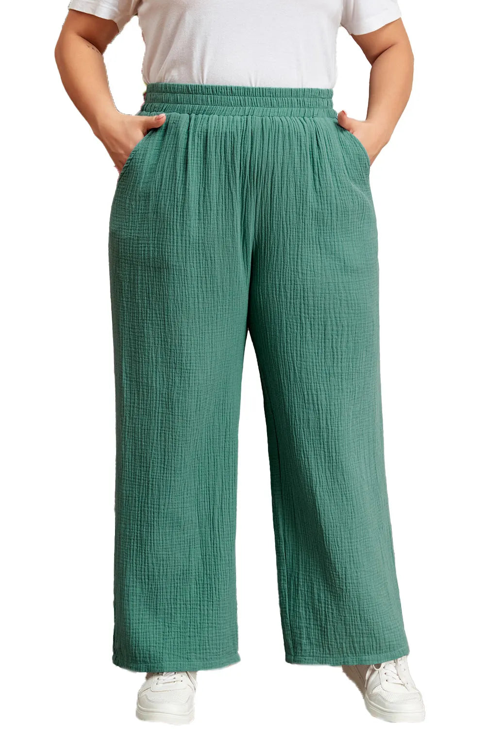 Smoke Green Plus Size Textured Frayed Edge Wide Leg Pants - Chic Meadow Boutique 