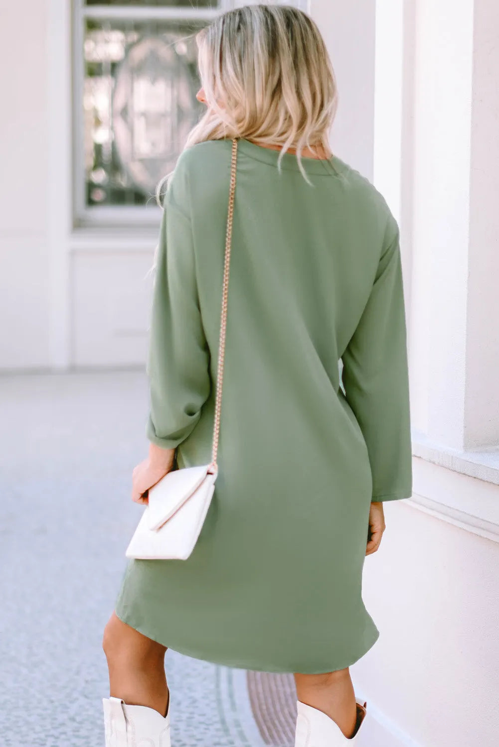 Green Roll-tab Sleeve Flowy Casual Dress - Chic Meadow Boutique 