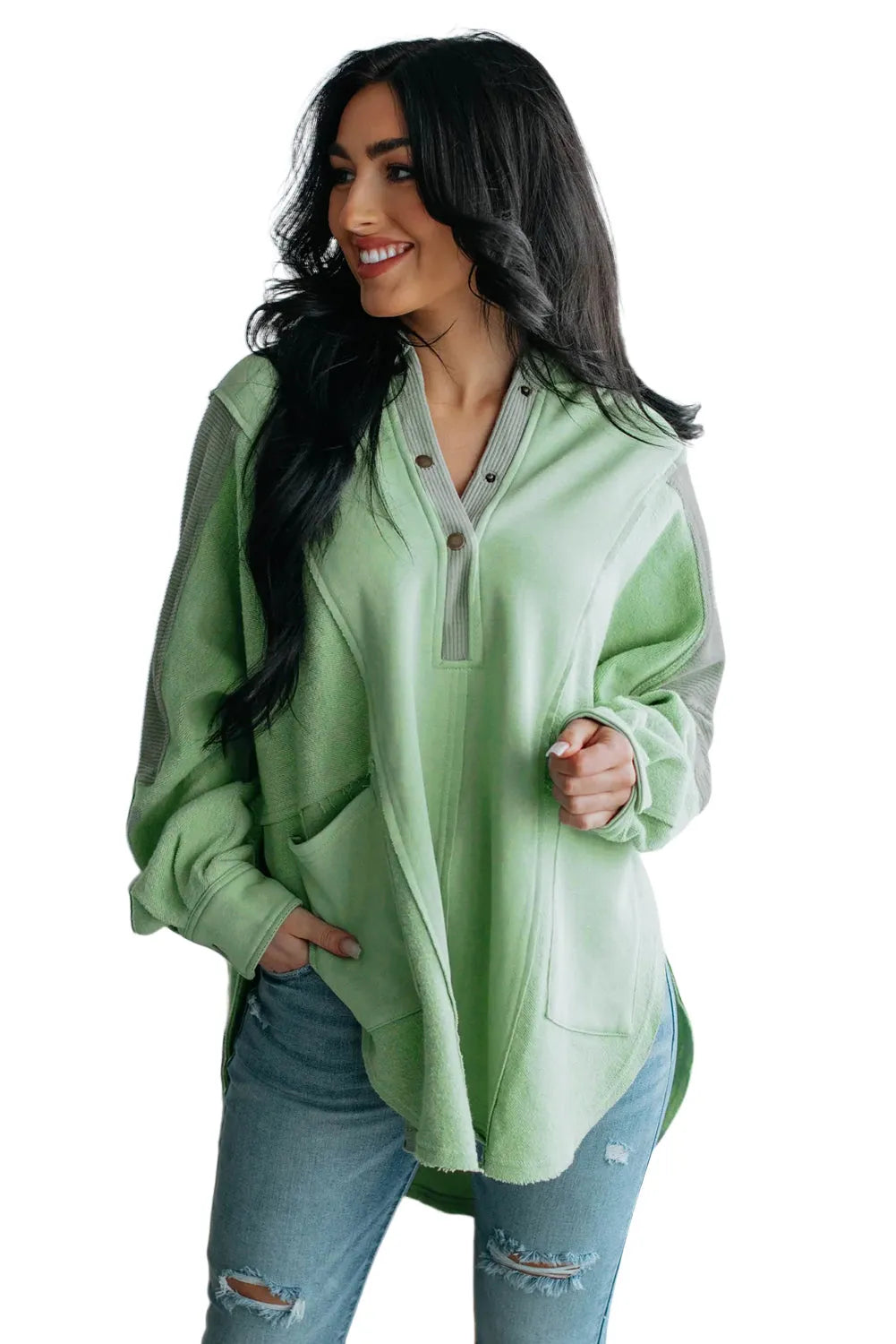 Green Color Block Exposed Seam Buttoned Neckline Hoodie - Chic Meadow Boutique 