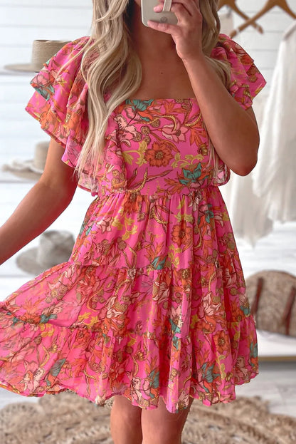 Pink Floral Square Neck Ruffle Sleeve Tiered Dress - Chic Meadow Boutique 