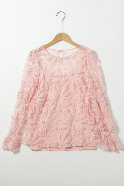 Tops/Blouses & Shirts Pink Flower Dotted Ruffled Sleeve Mesh Top