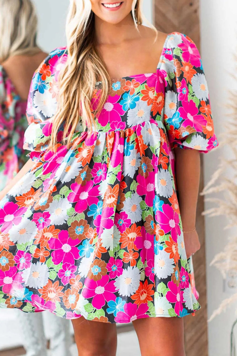 Rose Floral Print Square Neck Short Puff Sleeve Dress - Chic Meadow Boutique 