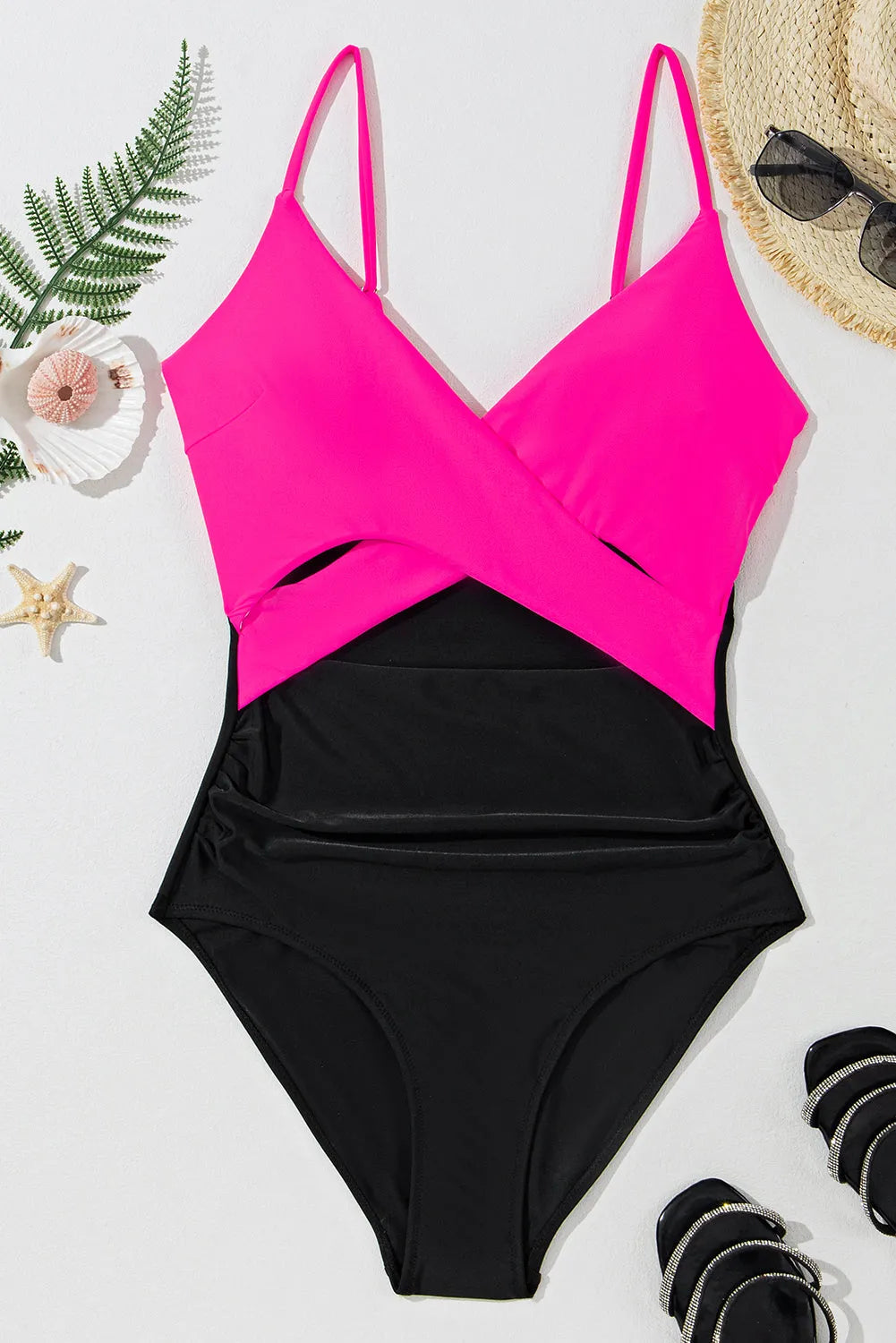 Rose Red Crossover Colorblock Cutout One Piece Swimsuit - Chic Meadow Boutique 