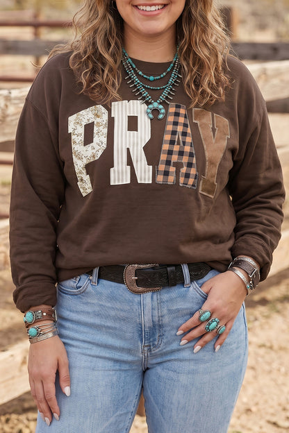 Coffee PRAY Letter Patchwork Round Neck Long Sleeve Plus Size Sweatshirt