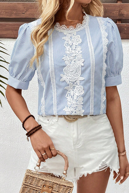 Sky Blue Stripe Floral Lace Splicing Puff Sleeve Blouse