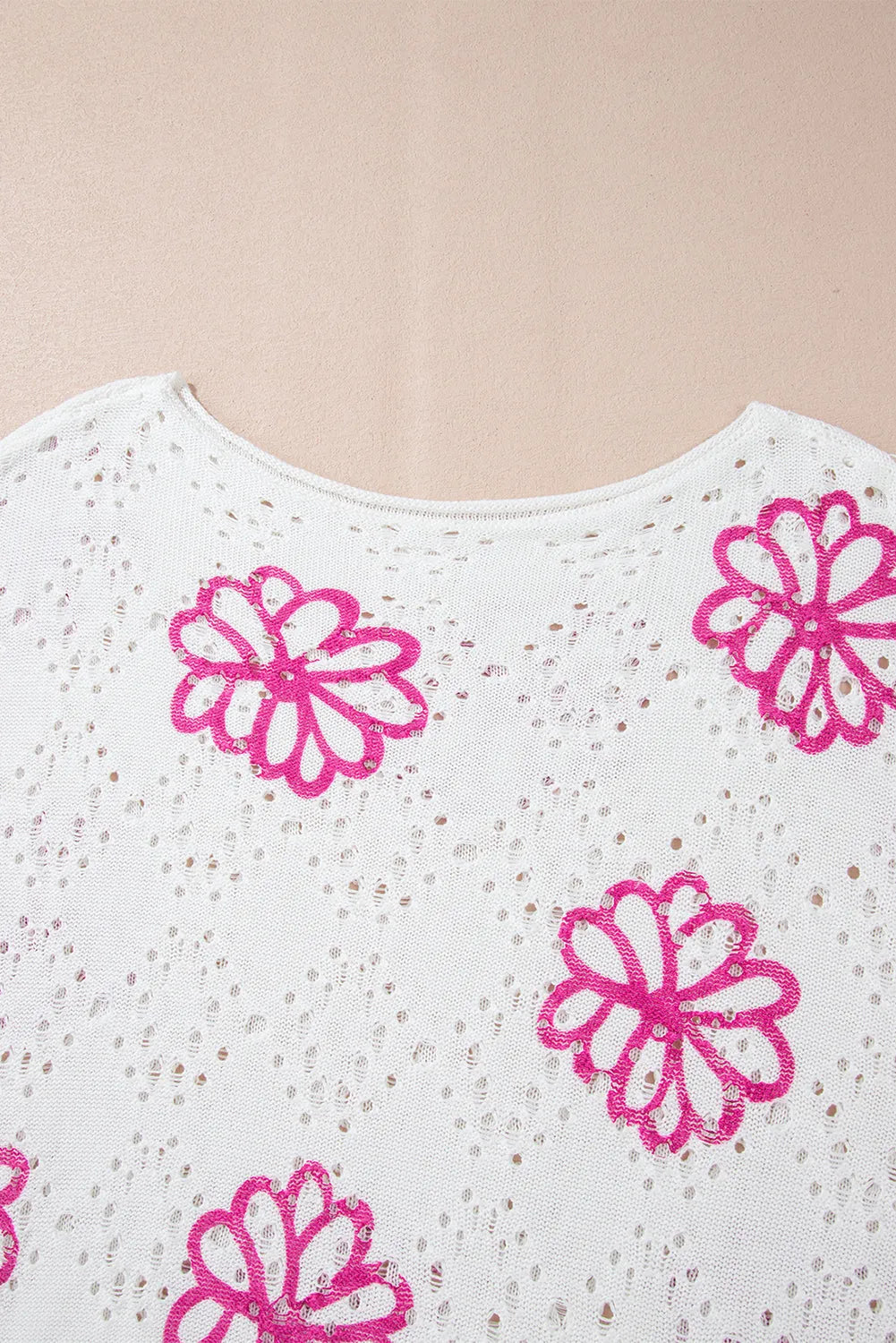 White Contrast Flower Print Eyelet Drop Shoulder Sweater - Chic Meadow Boutique 