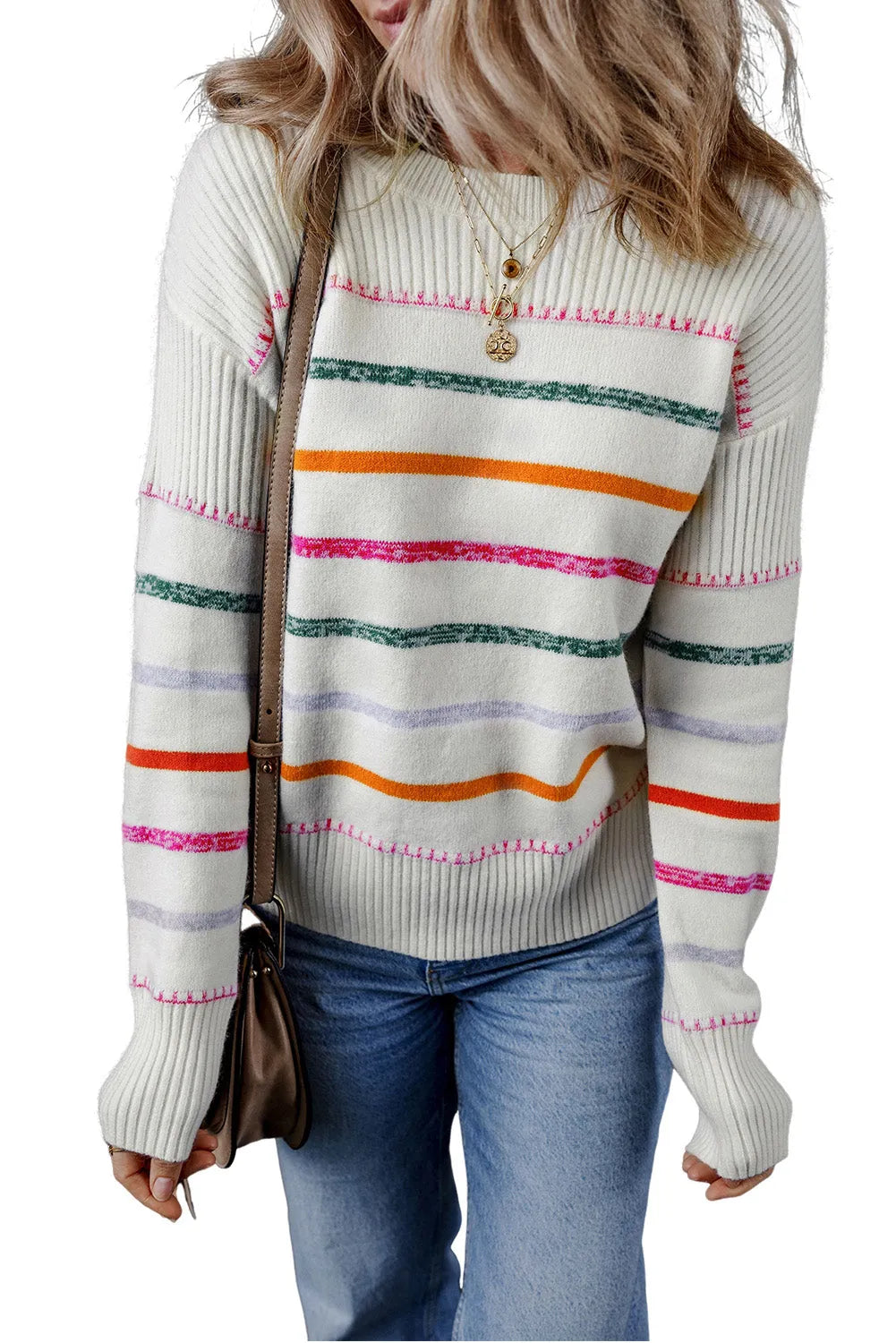 White Colorful Striped Ribbed Trim Sweater - Chic Meadow Boutique 