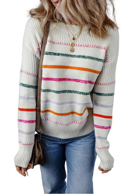 White Colorful Striped Ribbed Trim Sweater - Chic Meadow Boutique 