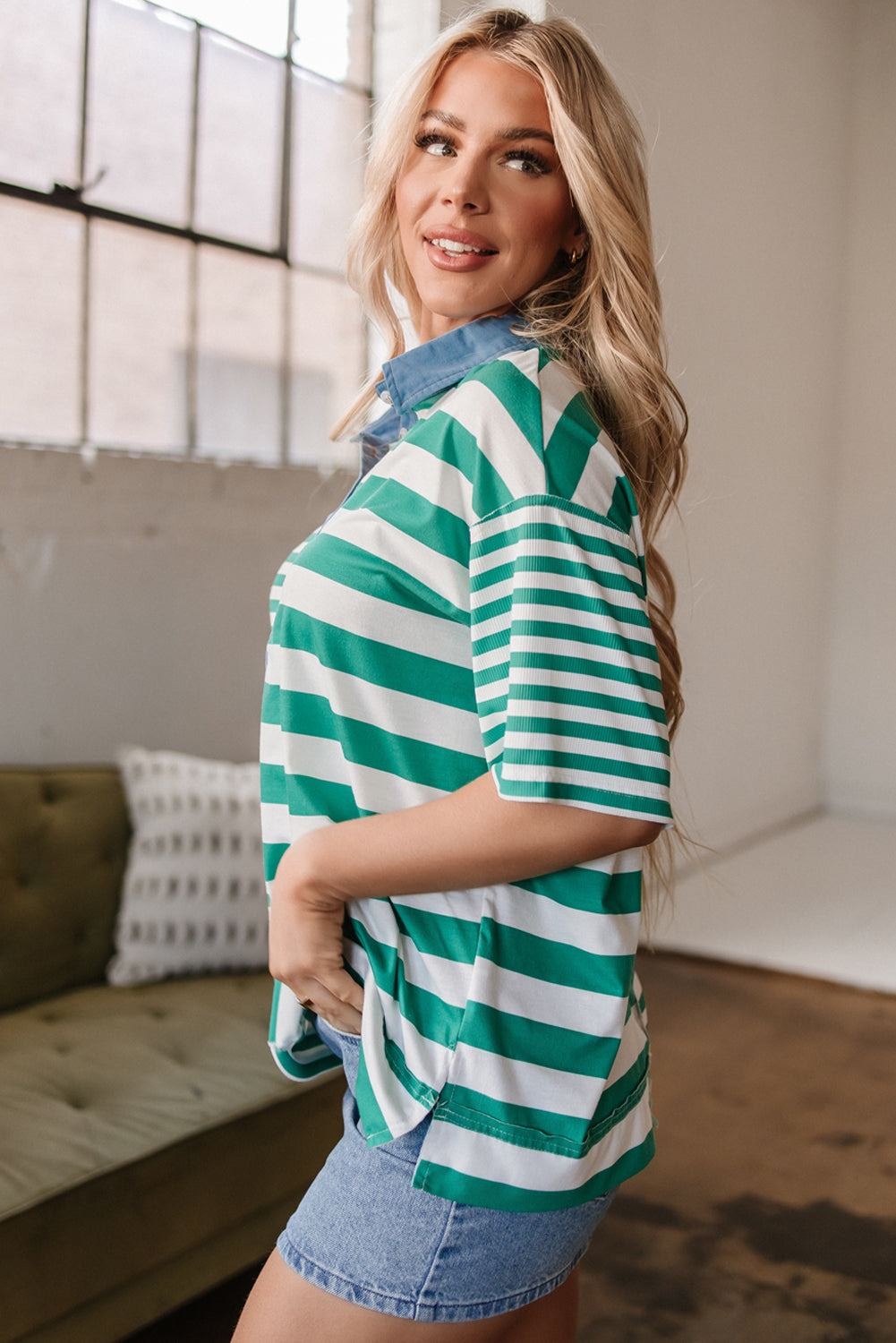 Green Stripe Colorblock Collar Half Buttons T Shirt