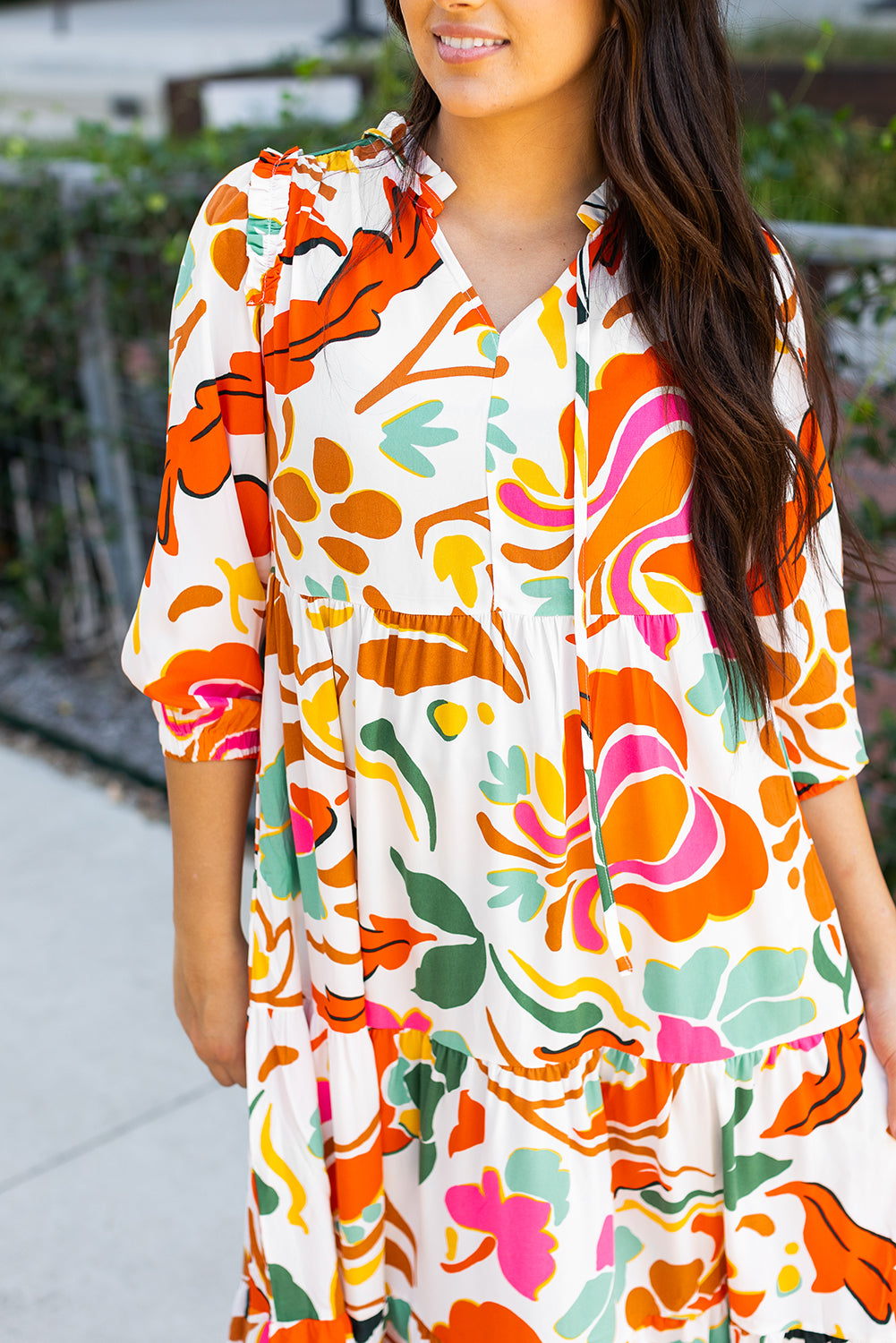 Orange Floral Print Split V Neck Tiered Maxi Dress