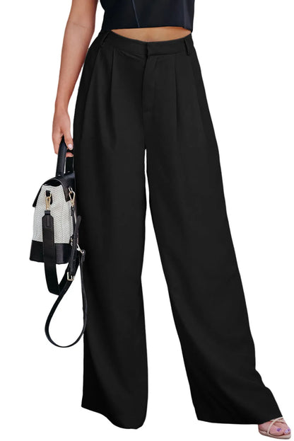 Black Pleated Elegant Wide Leg Pants - Chic Meadow Boutique 