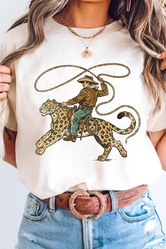 White Leopard Rodeo Cowboy Graphic Casual Tee