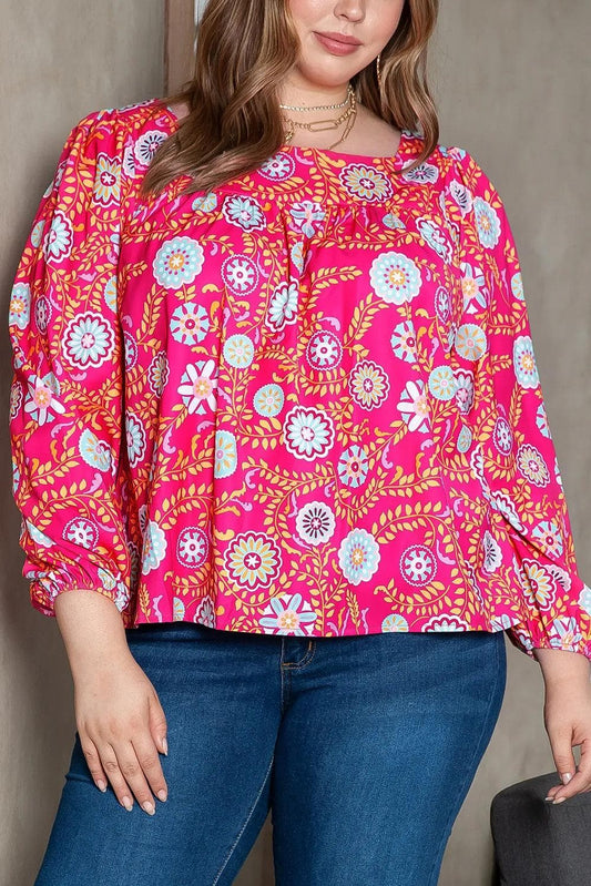 Plus Size/Plus Size Tops/Plus Size Blouses & Shirts Strawberry Pink / 1X / 100%Polyester Pink Plus Size Square Neck Floral Blouse