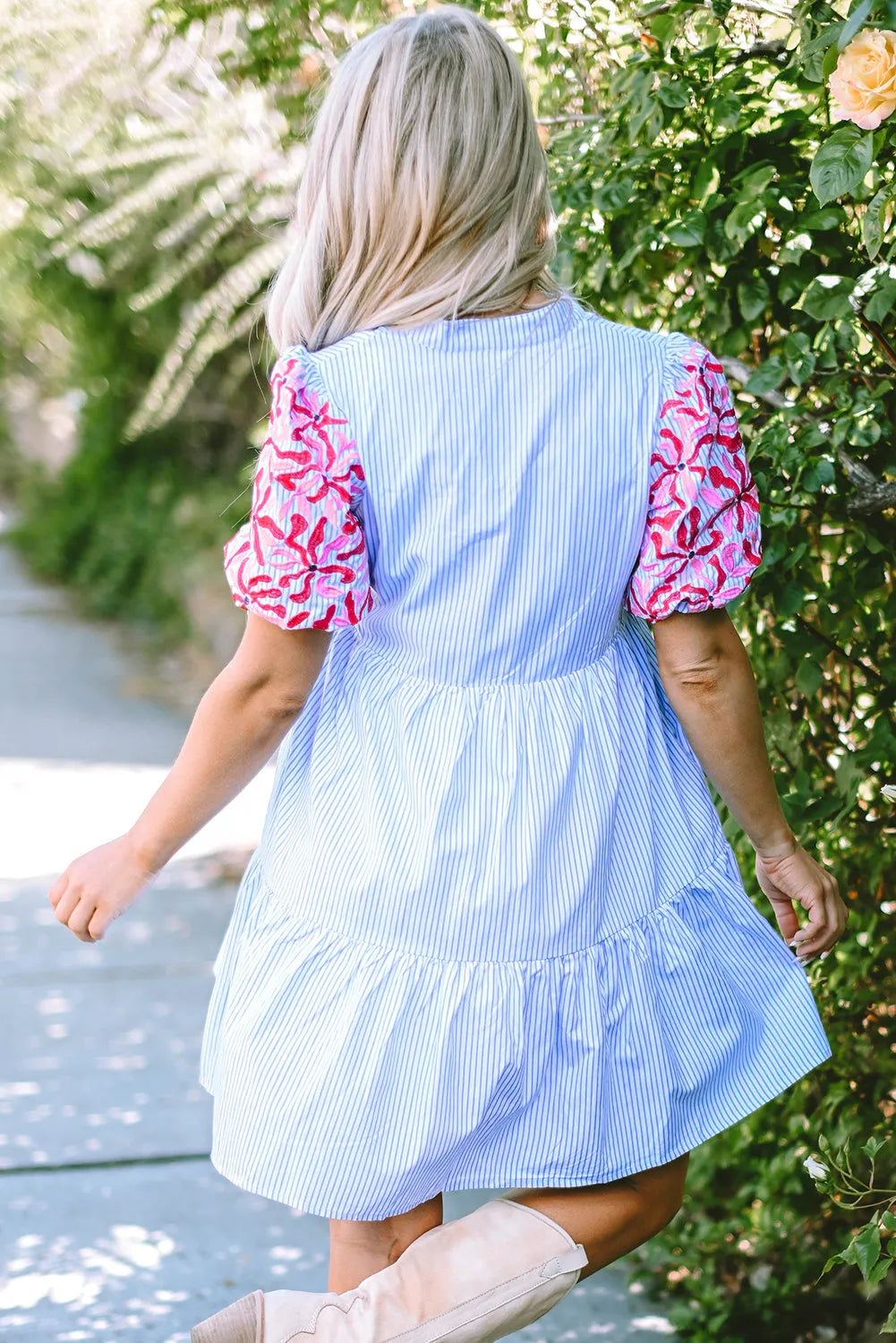 Sky Blue Stripe Contrast Floral Puff Sleeve Tiered Ruffle Dress - Chic Meadow Boutique 