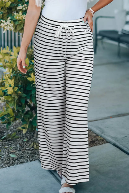 White Drawstring Striped Wide Leg Pants - Chic Meadow Boutique 