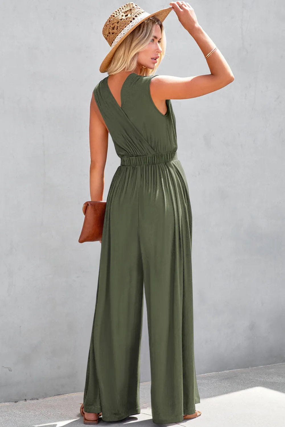 Jungle Green Deep V Pleated Crisscross Wide Leg Backless Jumpsuit - Chic Meadow Boutique 