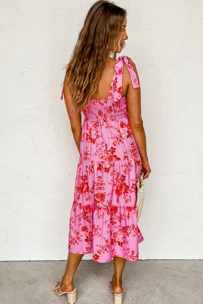 Pink Tie Shoulder Straps Tiered Floral Dress - Chic Meadow Boutique 