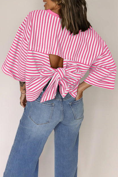 Pink Stripe Bowknot Cutout Back Drop Shoulder Wide Bracelet Sleeve Loose Tee