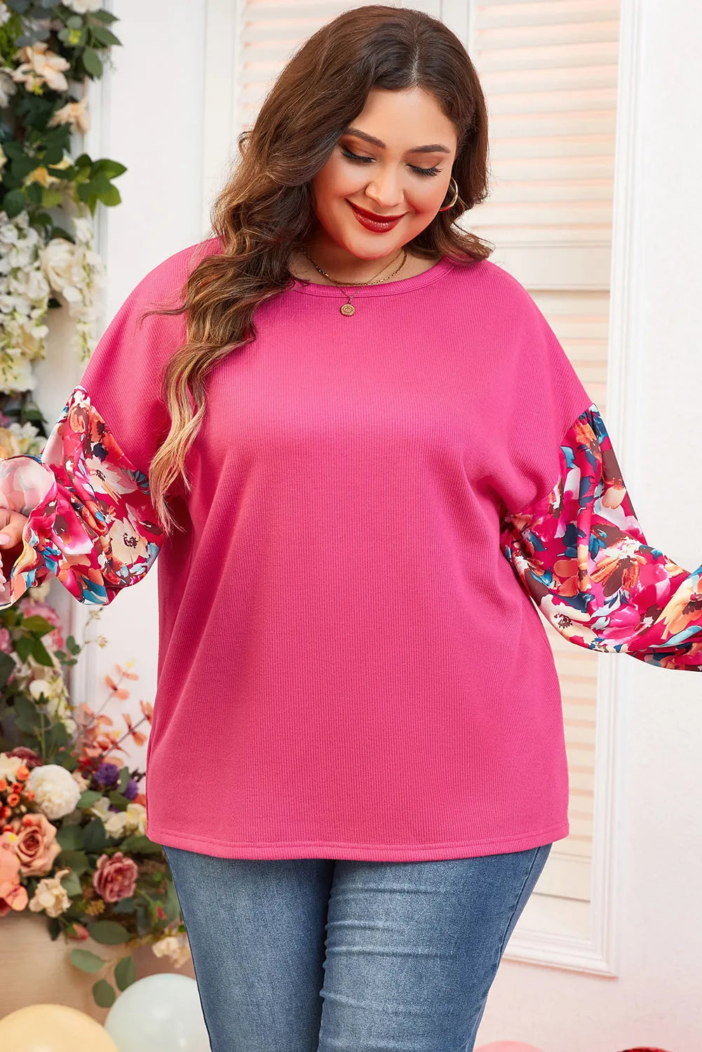 Bright Pink Floral Patchwork Flounce Sleeve Rib Knit Plus Top - Chic Meadow Boutique 