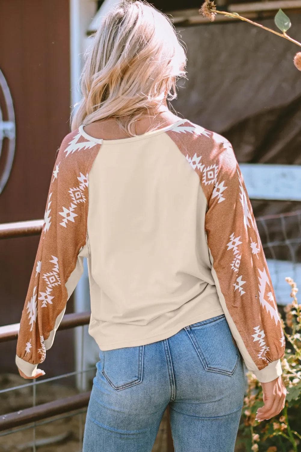 Tops/Long Sleeve Tops Apricot Western Print Patch Long Sleeve Top