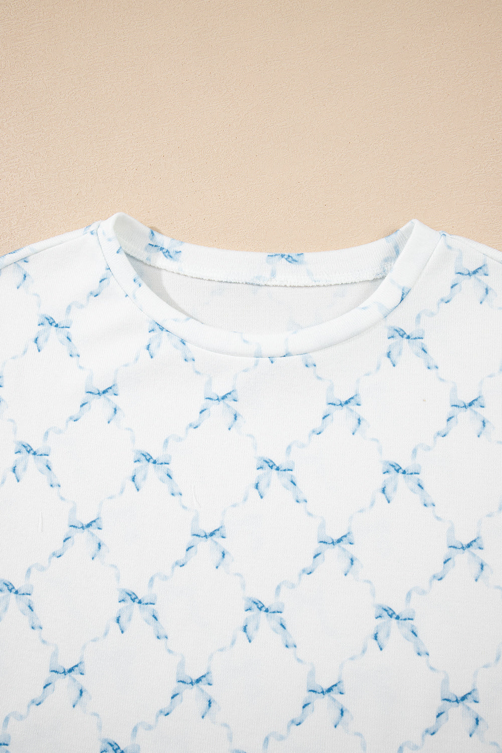 Sky Blue Bow Knot Geometric Print Lettuce Trim Two Piece Lounge Set