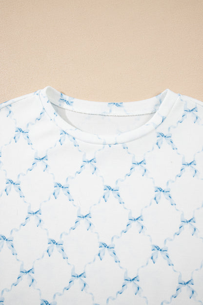 Sky Blue Bow Knot Geometric Print Lettuce Trim Two Piece Lounge Set