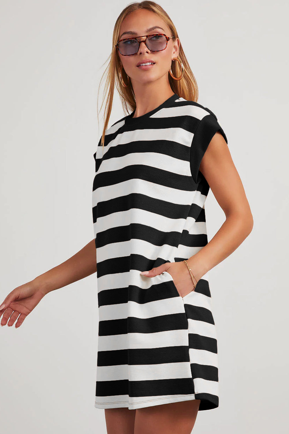 Black Stripe Cap Sleeve T Shirt Dress