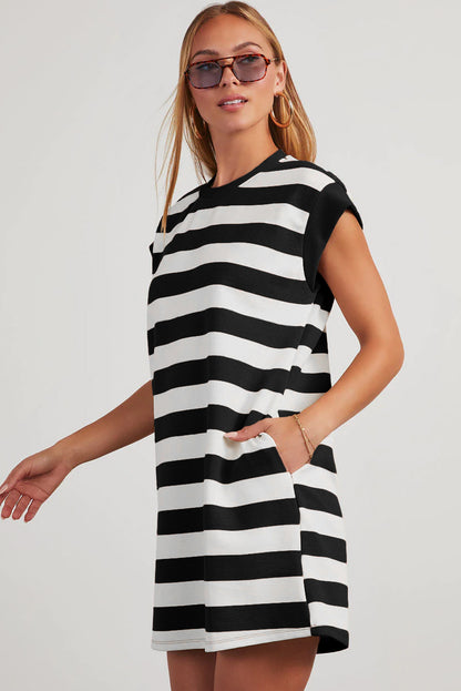 Black Stripe Cap Sleeve Shift T Shirt Dress