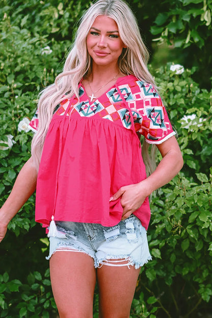 Strawberry Pink Geometric Embroidered Tassel Tie V Neck Blouse - Chic Meadow Boutique 