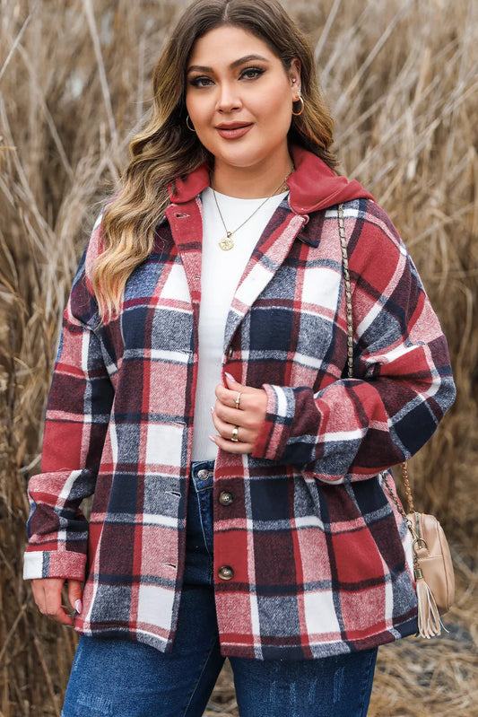 Red Printed Plus Size Plaid Button up Hooded Jacket - Chic Meadow Boutique 