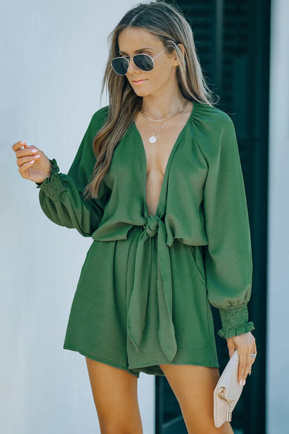 Green Tie Knot Puff Long Sleeve Romper - Chic Meadow Boutique 