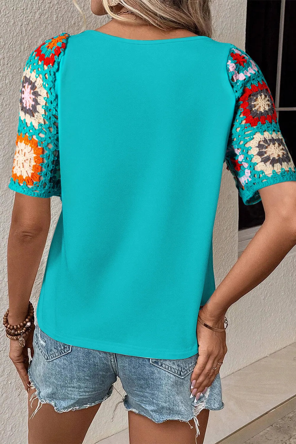 Turquoise Floral Crochet Short Sleeve Top - Chic Meadow Boutique 