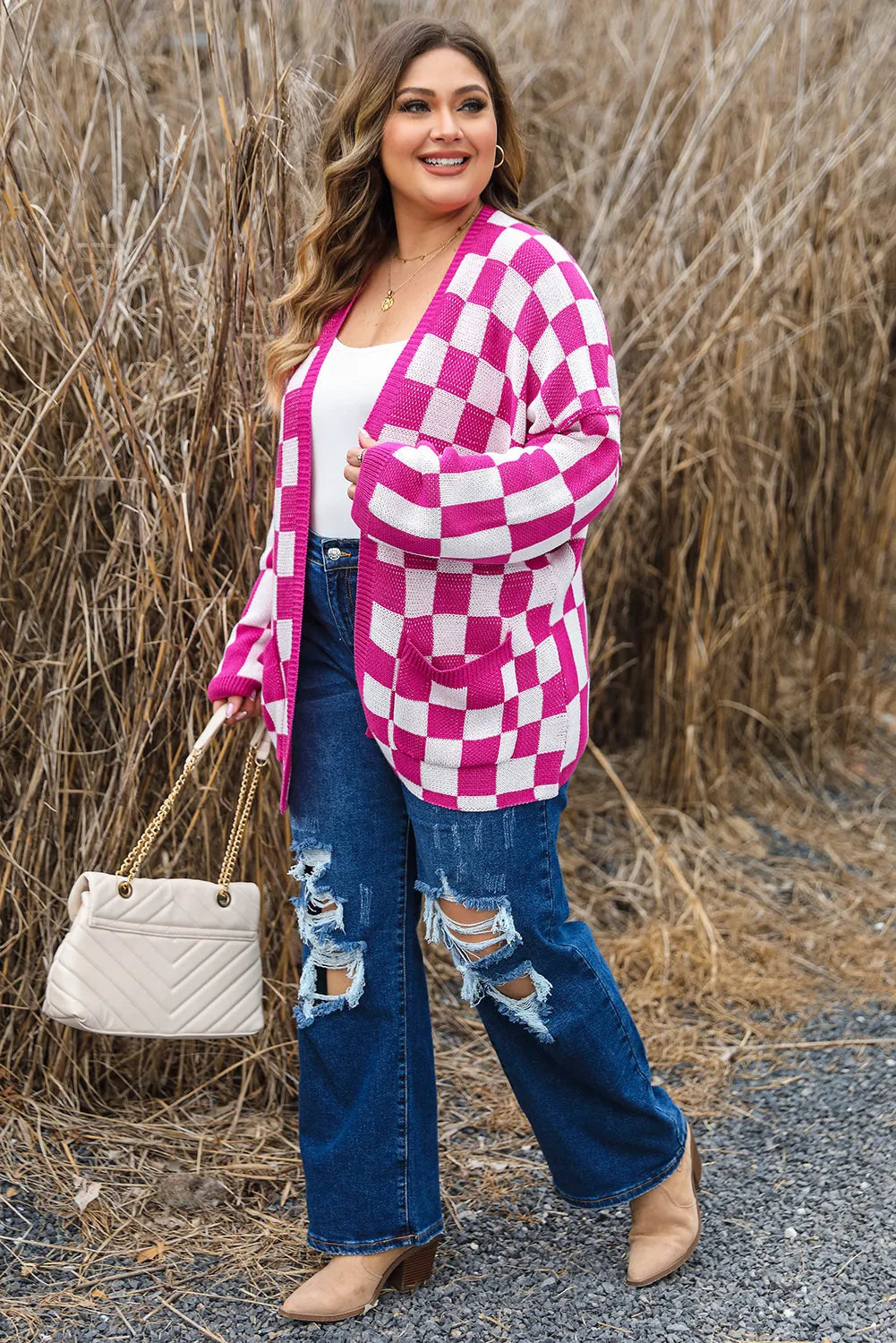 Bonbon Checkered Pattern Open Front Plus Size Cardigan - Chic Meadow Boutique 